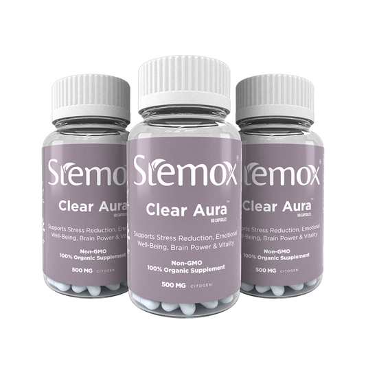 Bundle of three Stemox Clear Aura 500MG bottles for comprehensive focus, stress relief, and sleep support
