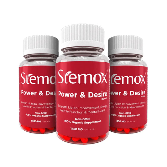 Three bottles of Stemox Power & Desire supplement on a white background